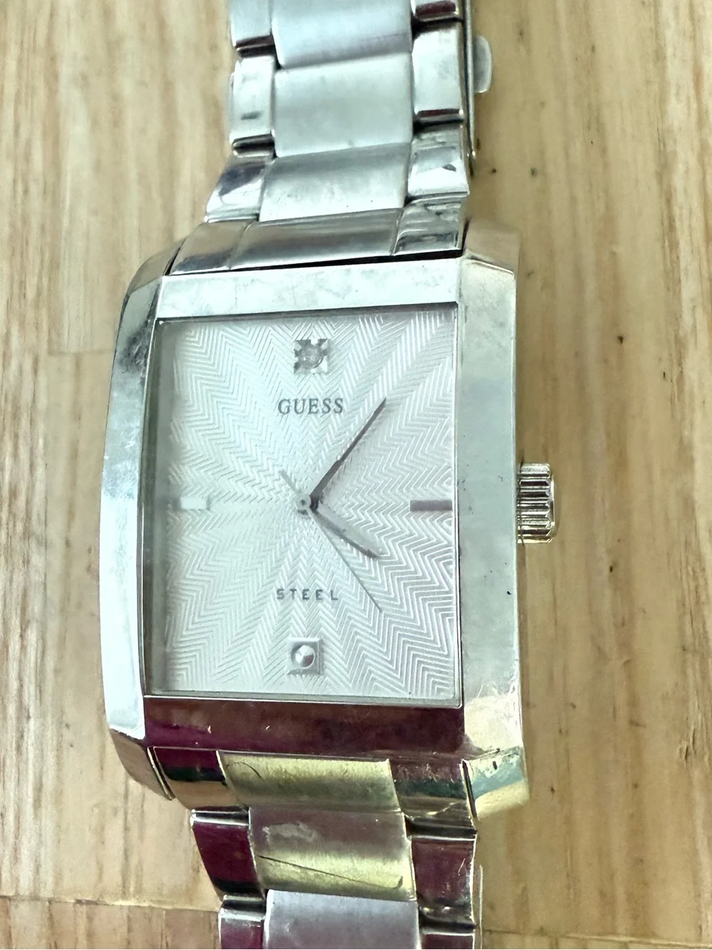 Guess steel rectangular silver tone watch NEW BATTERY